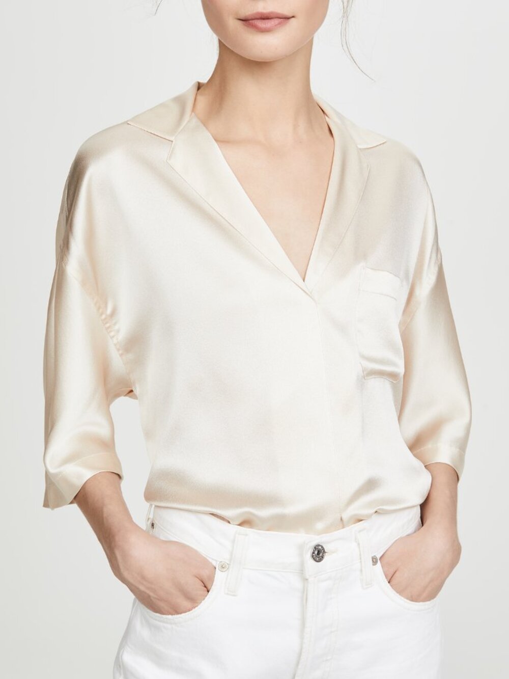Vince‎ Satin Silk Pajama Style Oversized Blouse Pale Alder Cream NWT Size L $295